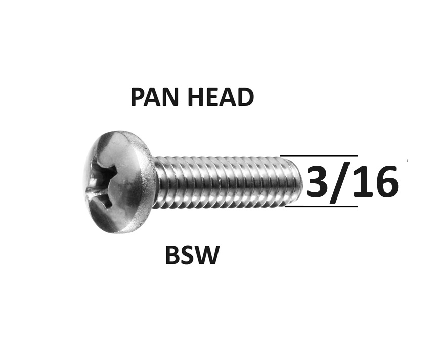 3/16  BSW Pan Head Metal Thread Screws Stainless Steel Grade 316 Select Length